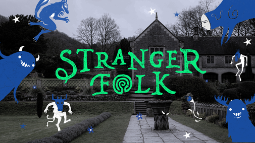 Picture of historic Ilam Hall with spooky Stranger Folk writing on